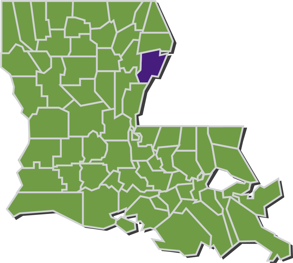 MapLouisiana parishes with Tensas parish highlighted in purple.